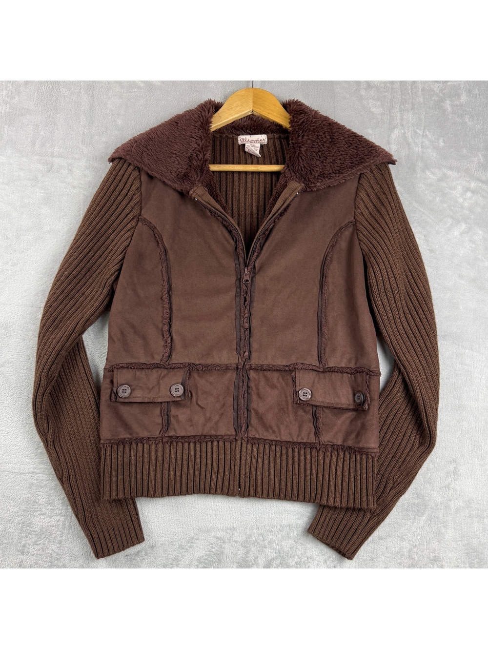 Glimmer JJ Basics Womens XL Brown Faux Shearling Knit Jacket Y2K Zip Up Fuzzy